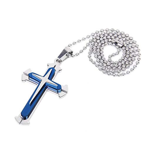 BeBold Christ Silver Stainless Steel Blue Shiny Cross Pendant with Chain for Men Boys