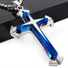BeBold Christ Silver Stainless Steel Blue Shiny Cross Pendant with Chain for Men Boys
