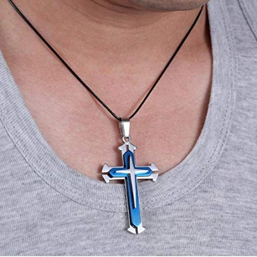 BeBold Christ Silver Stainless Steel Blue Shiny Cross Pendant with Chain for Men Boys