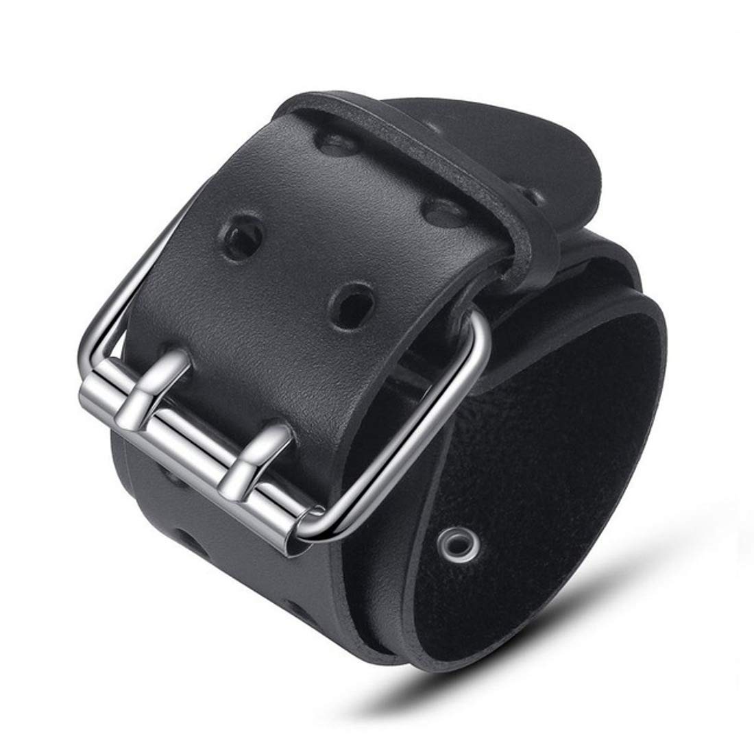 BeBold Wide Wristband Black Leather Biker Stylish Bracelet for Men Boys